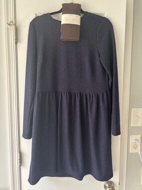 LOFT Navy Knit Long-Sleeve Dress with White Detail